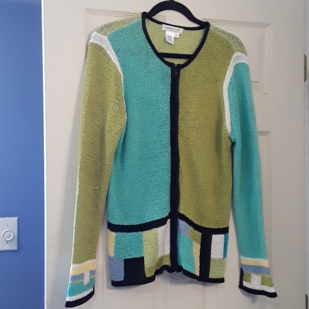 Coldwater Creek Zip Cardigan Aqua Colorblock Large